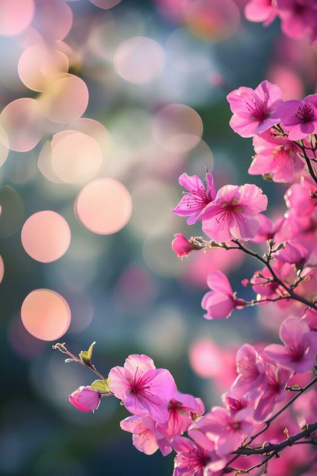AI generated spring advertisment natural nackground with flowers, bokeh lights and copy space photo