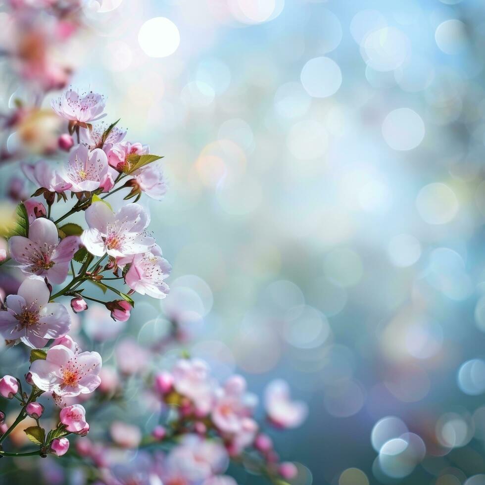 AI generated spring advertisment natural nackground with flowers, bokeh lights and copy space photo