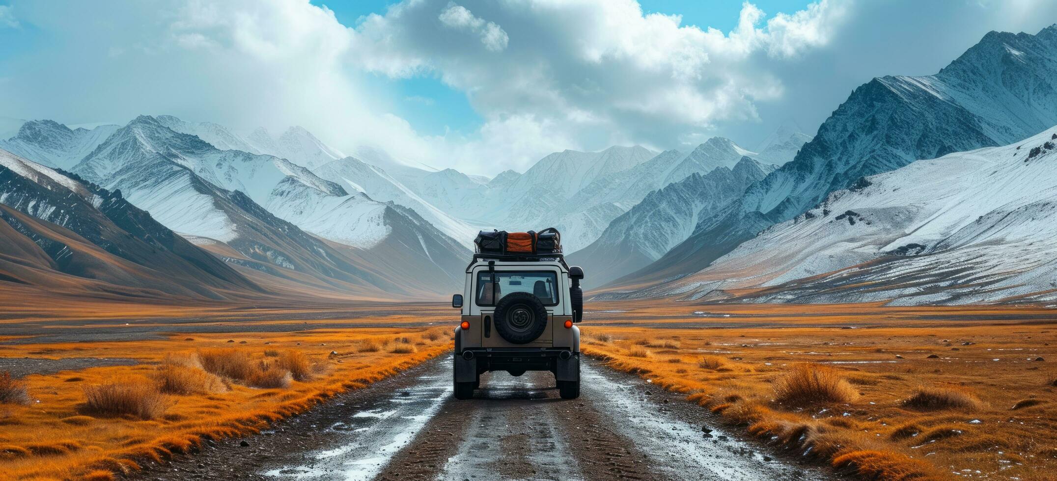 AI generated the suv is parked on a road with mountains in the background photo