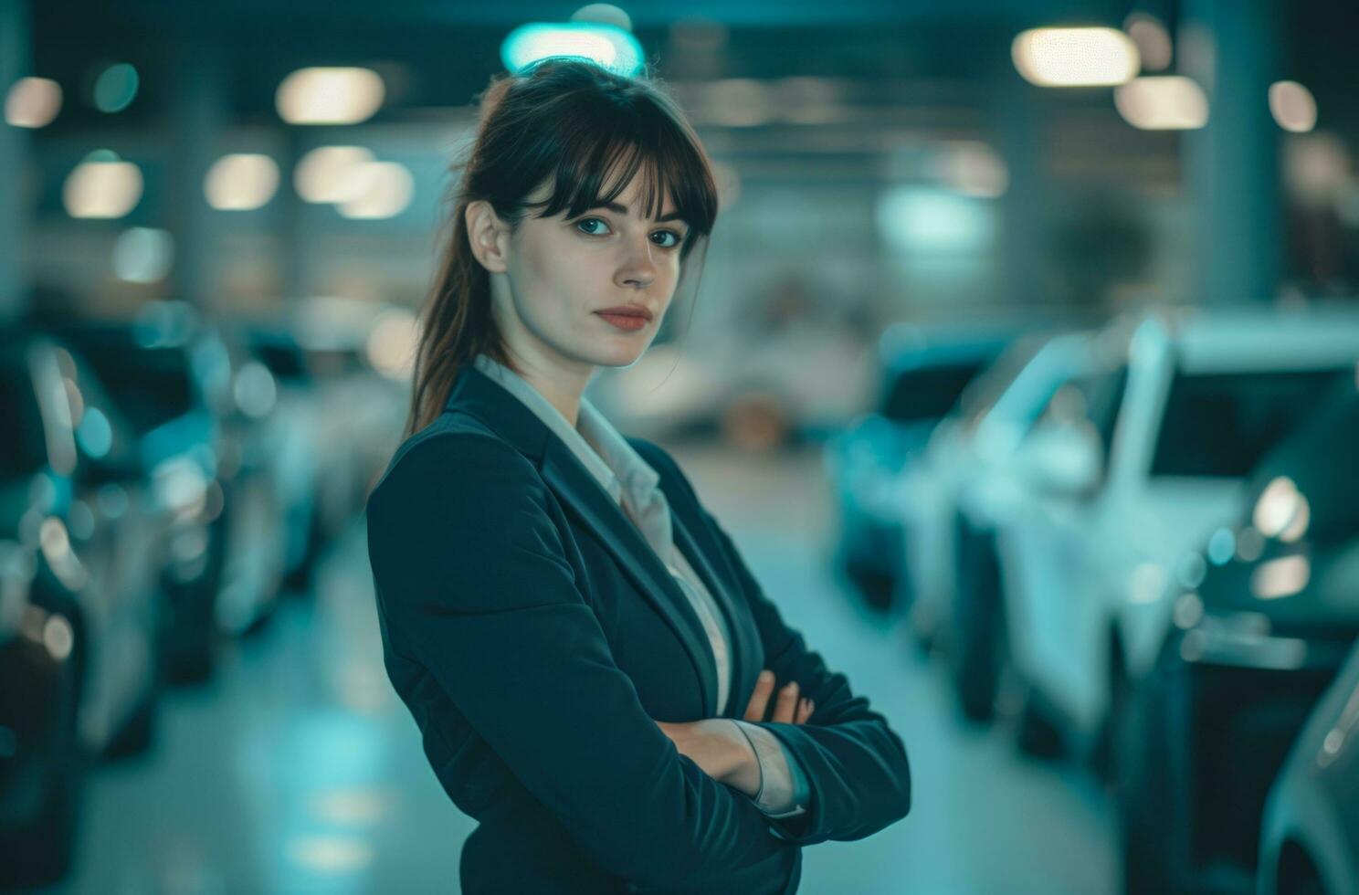 AI generated saleswoman in business suit standing in front of cars photo