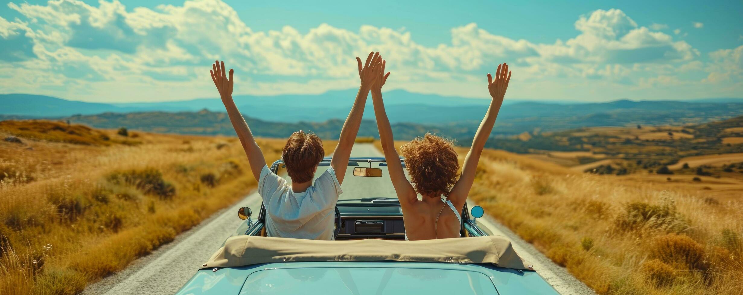 AI generated two people in an open top convertible car with their hands lifted up photo