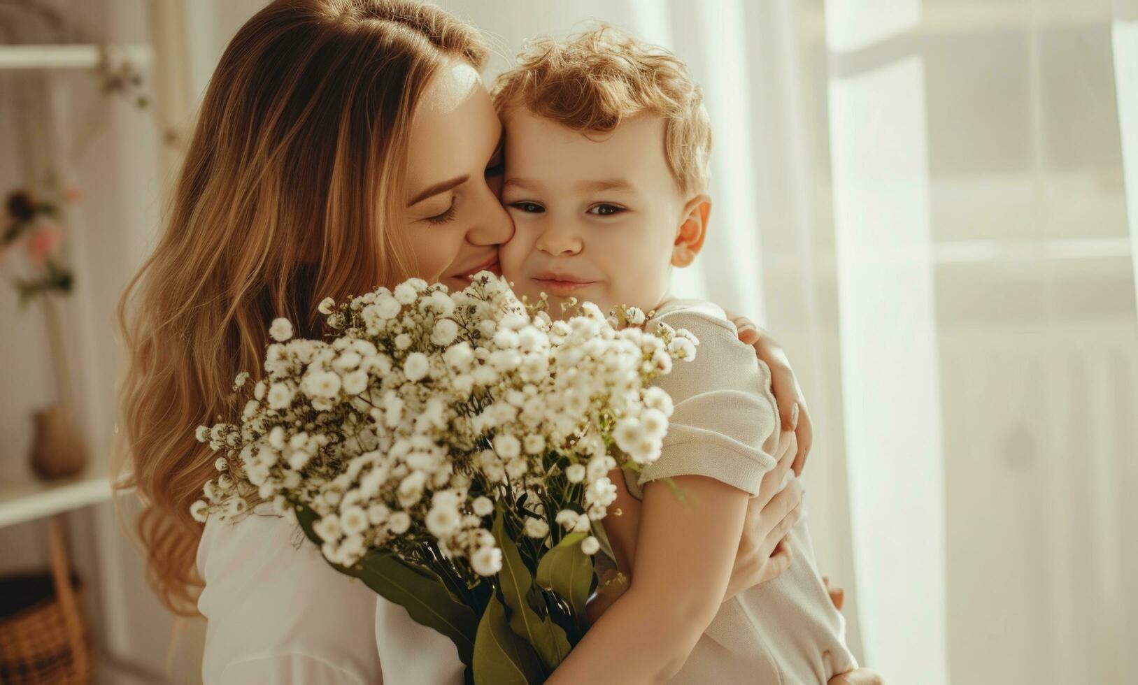 AI generated mother kisses son at home holding flowers for mothers day photo