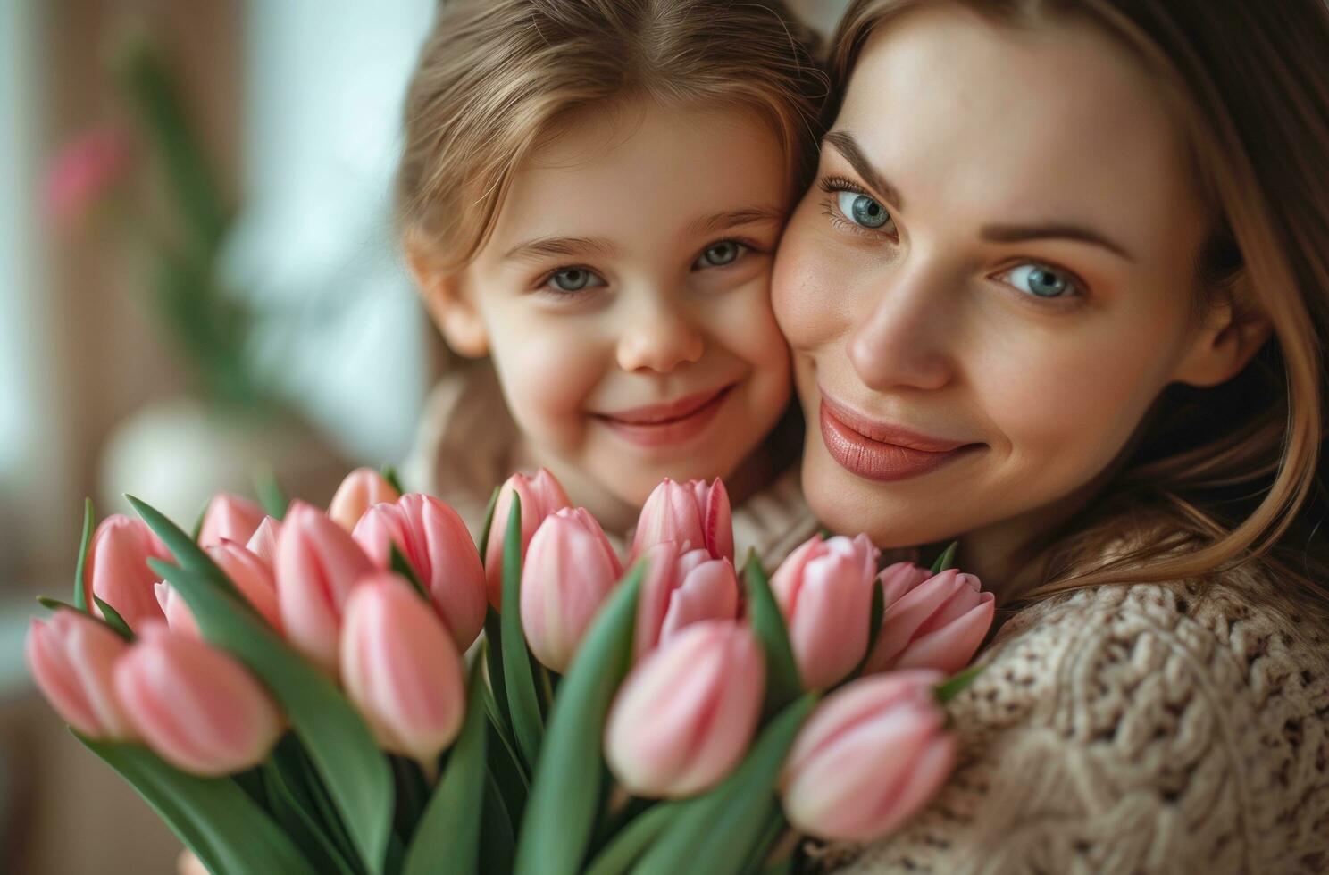 AI generated mothers day greeting card ideas mother daughter hug bouquet of tulips photo