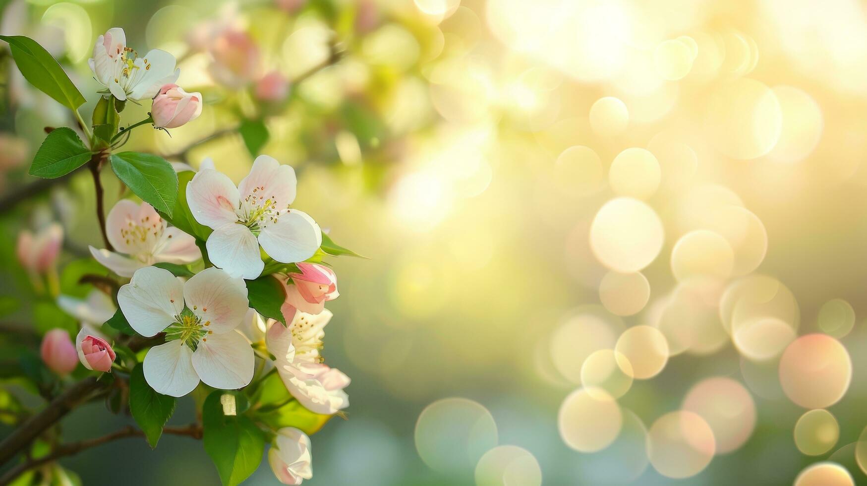 AI generated spring advertisment natural nackground with flowers, bokeh lights and copy space photo