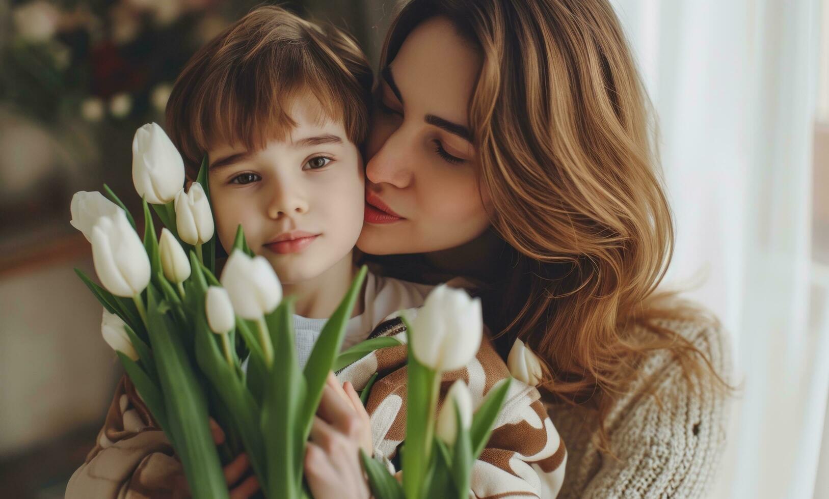 ai generado madre acurrucarse su hijo con tulipanes y madre besos él foto