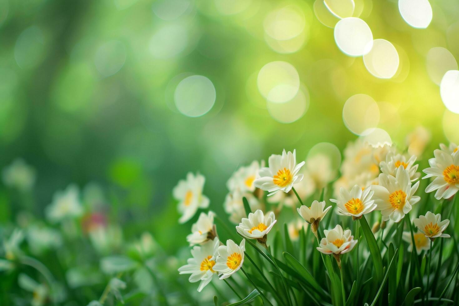 AI generated spring advertisment natural nackground with flowers, bokeh lights and copy space photo
