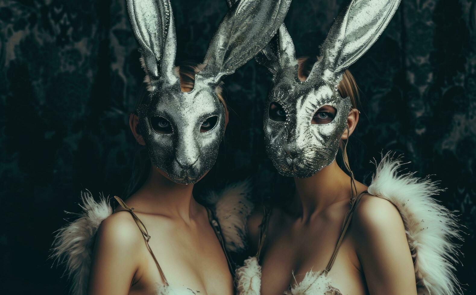 AI generated two women with rabbit masks posing, photo