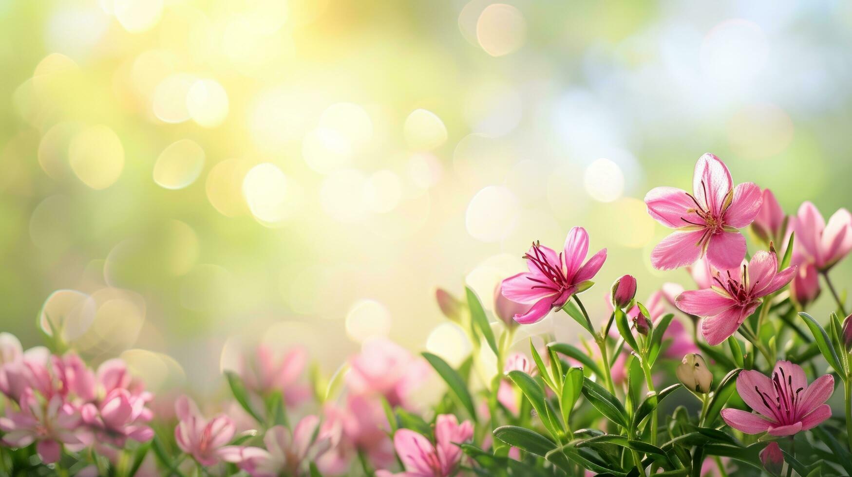 AI generated spring advertisment natural nackground with flowers, bokeh lights and copy space photo