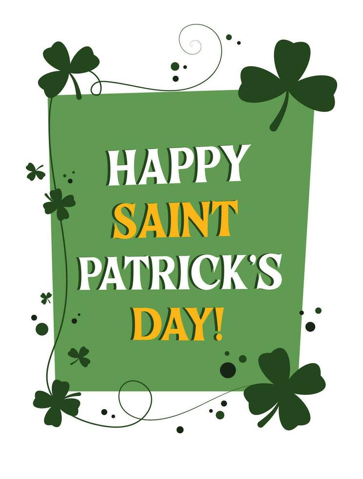 Saint Patrick's Day postcard with green frame and clover symbols. Irish national holiday greeting. Vector illustration.