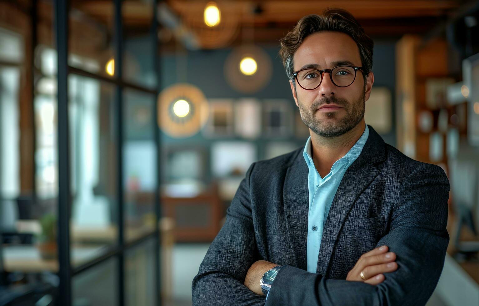 AI generated the attractive businessman with arms crossed in front of an empty office photo