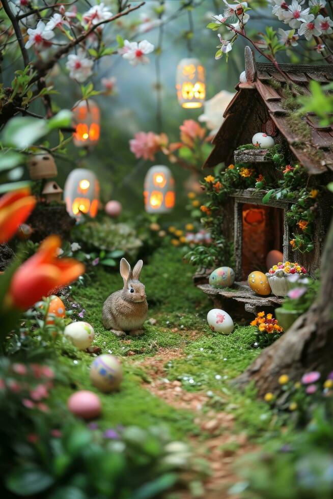 AI generated A charming garden scene with Easter decorations, creating a joyful atmosphere for advertisements. photo