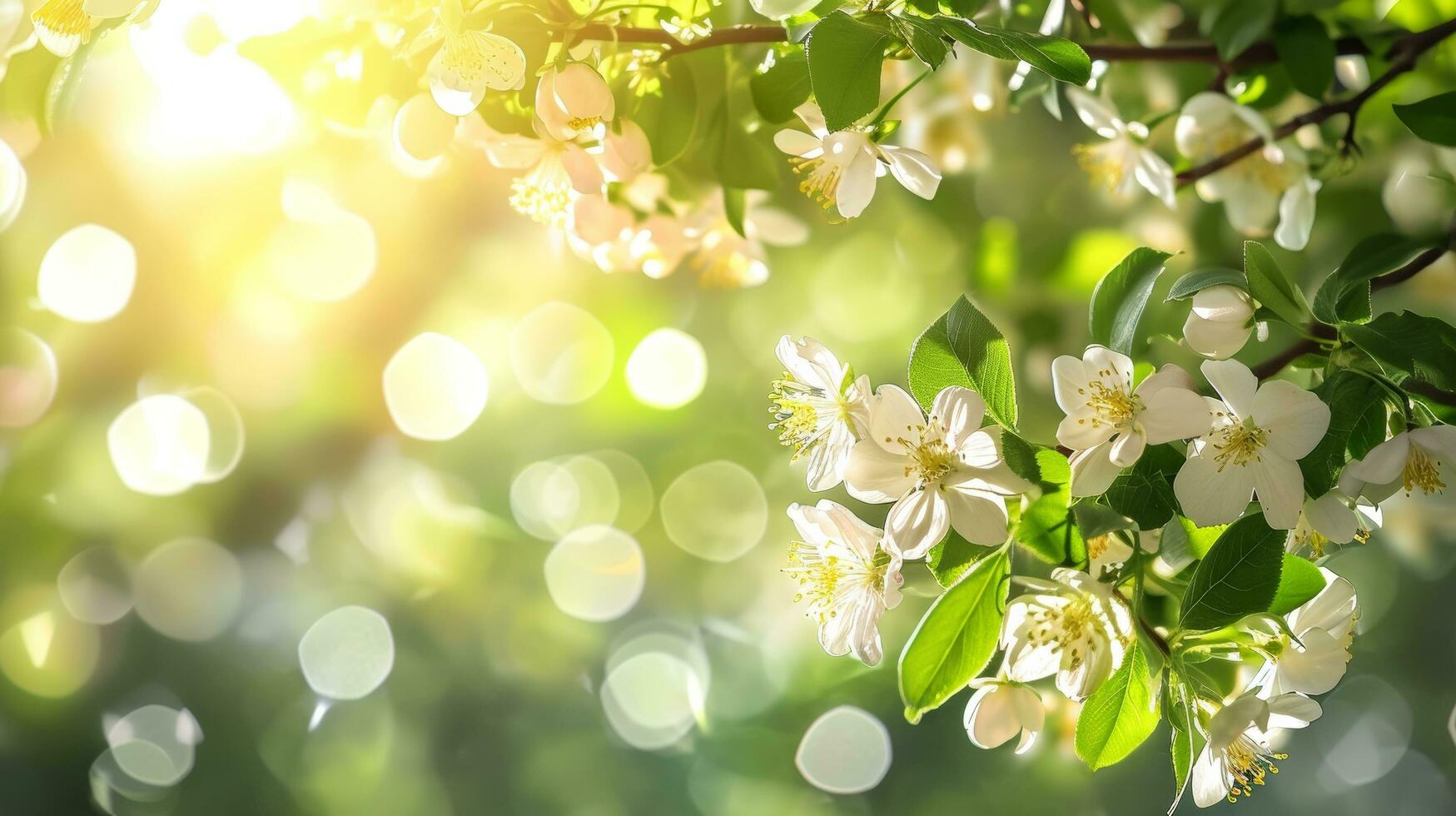 AI generated spring advertisment natural nackground with flowers, bokeh lights and copy space photo