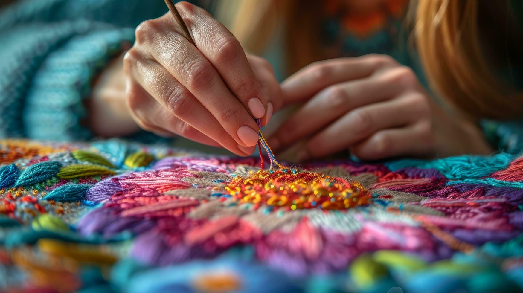 AI generated woman embroiders a flower with multi-colored threads photo
