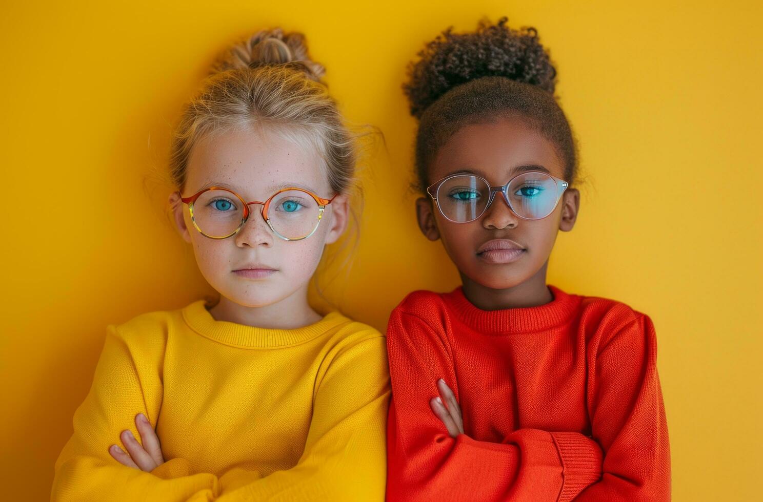 AI generated two cute kid in glasses with arms folded photo