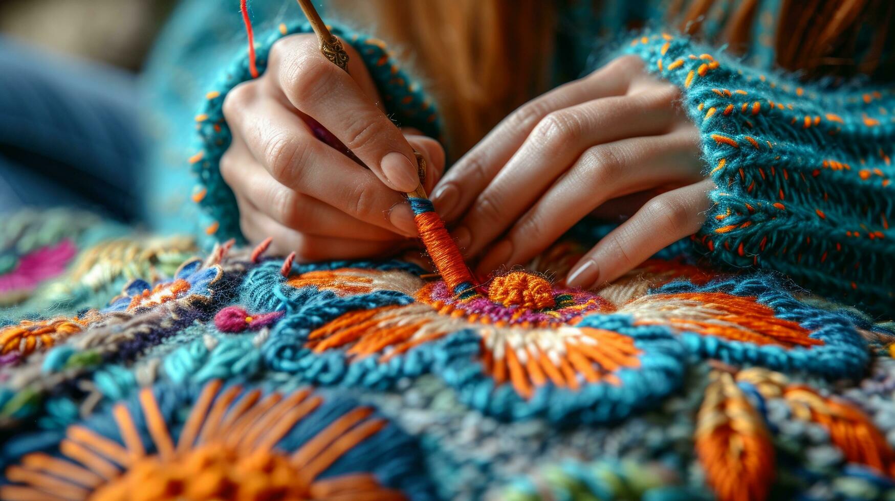 AI generated woman embroiders a flower with multi-colored threads photo