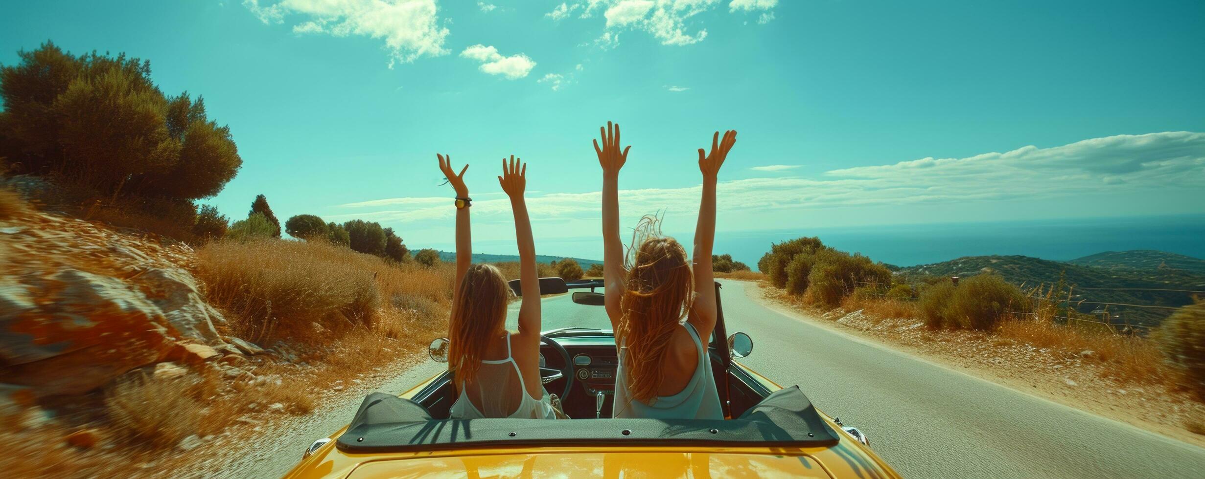 AI generated two people in an open top convertible car with their hands lifted up photo