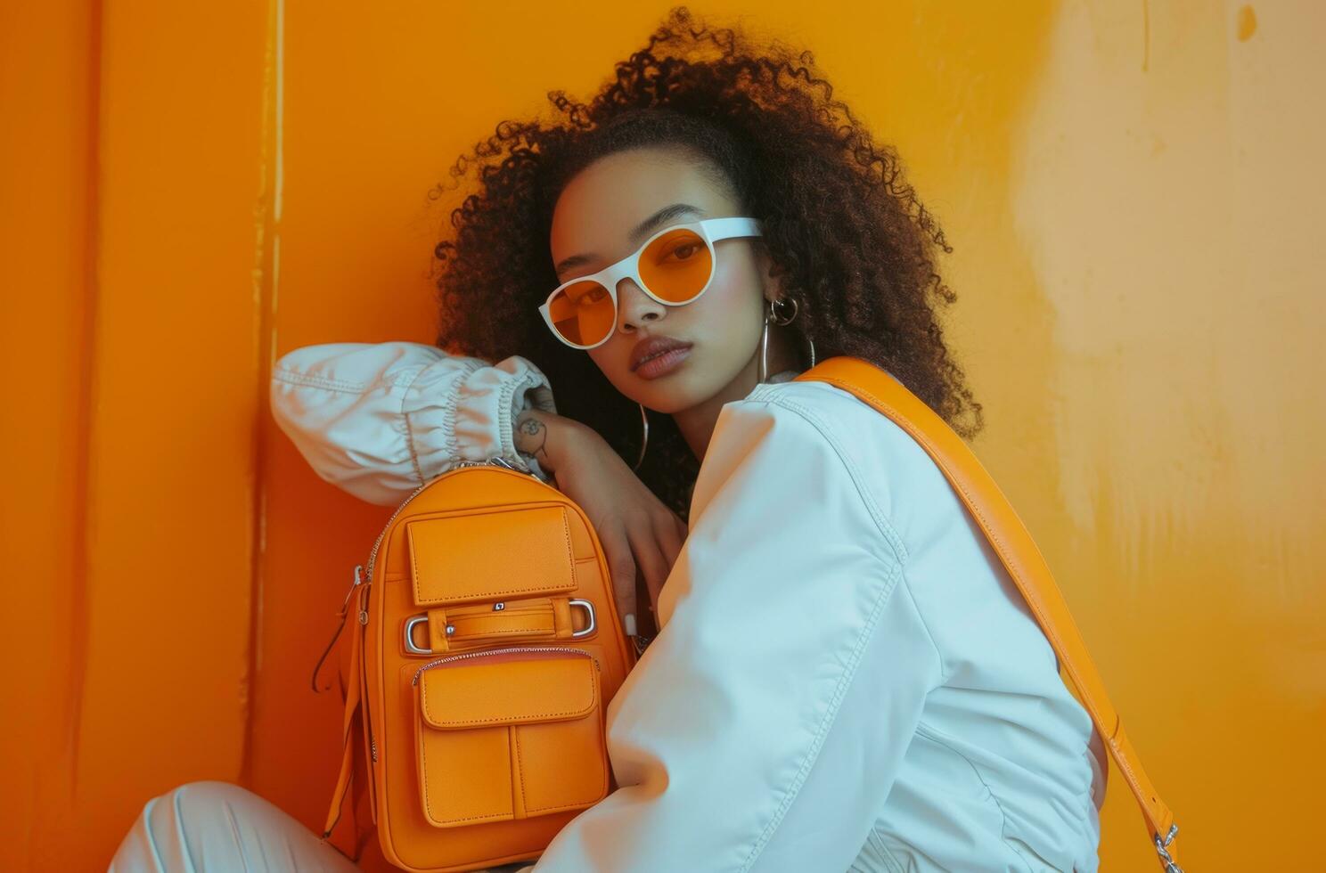 AI generated video of young lady sitting on a block and posing with an orange bag photo