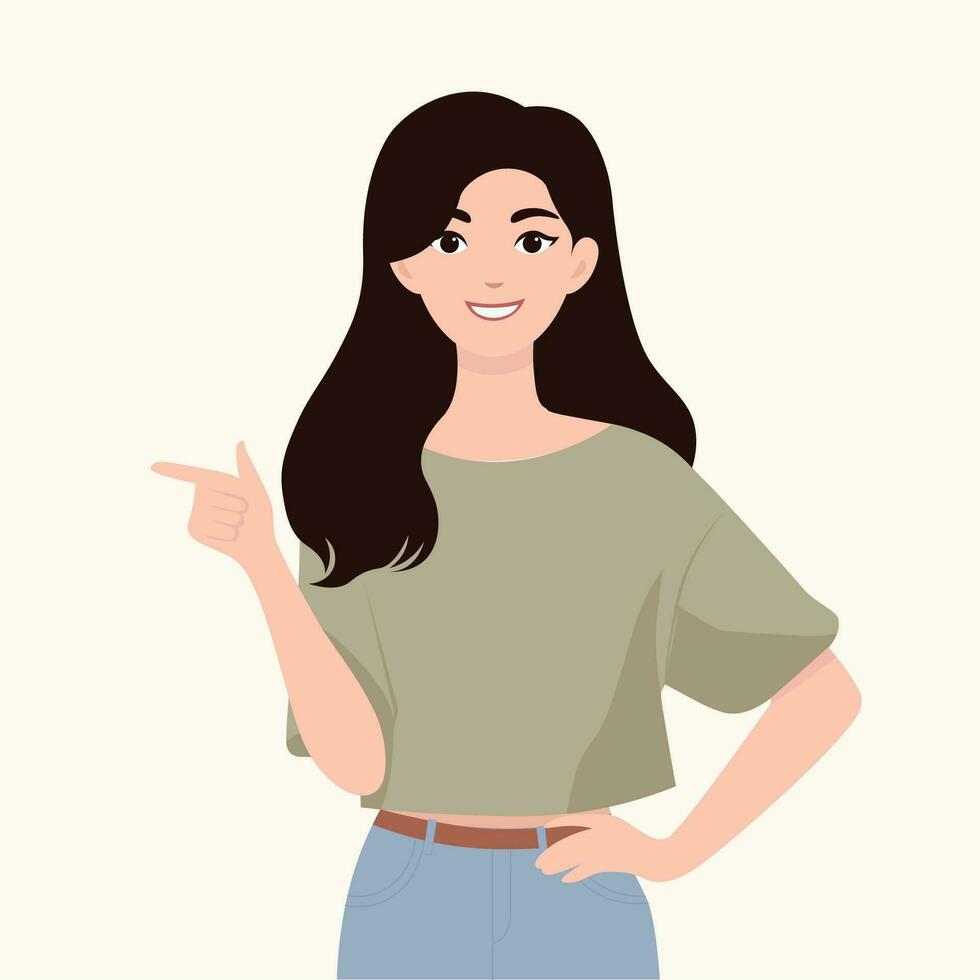 young woman showing direction flat design vector