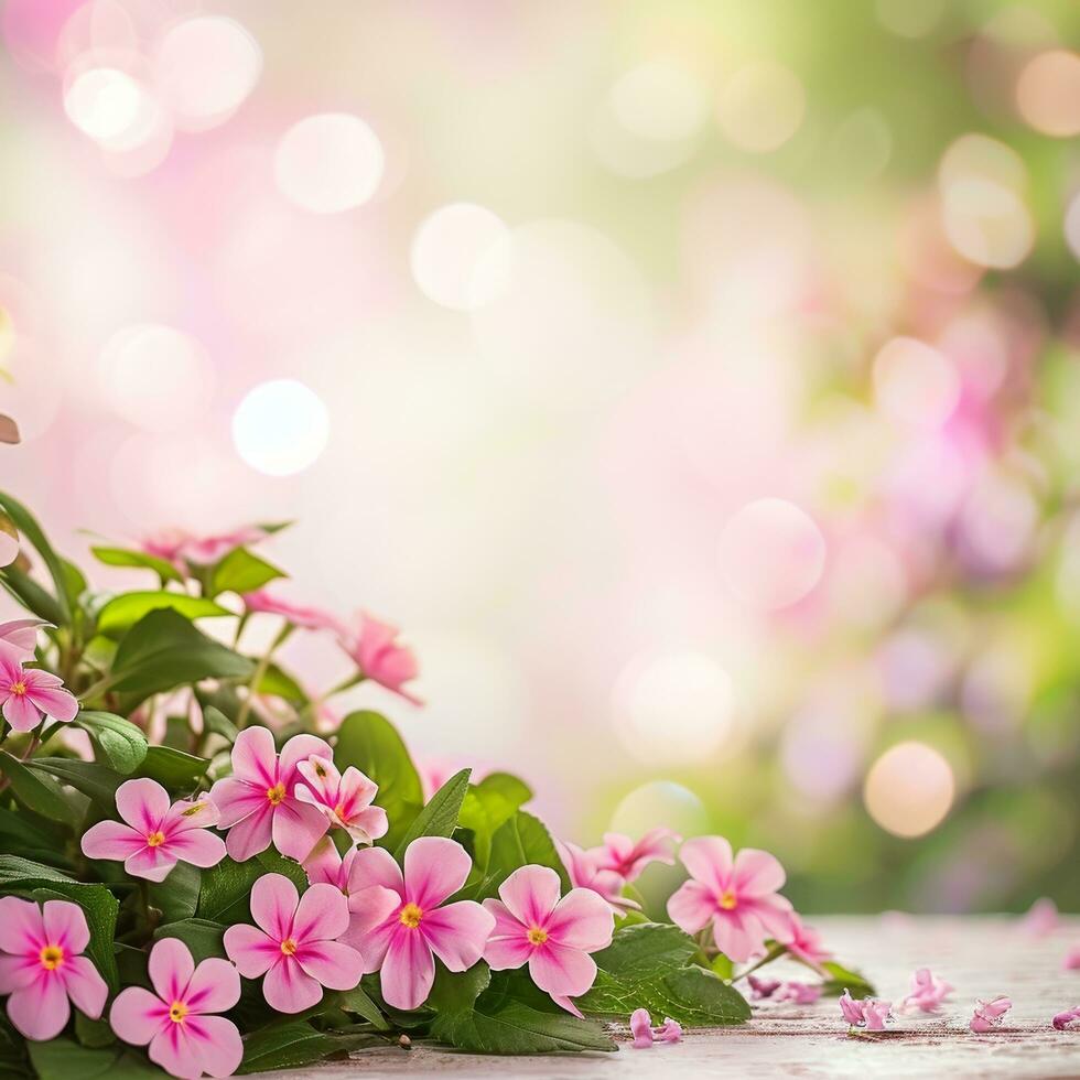 AI generated spring advertisment natural nackground with flowers, bokeh lights and copy space photo