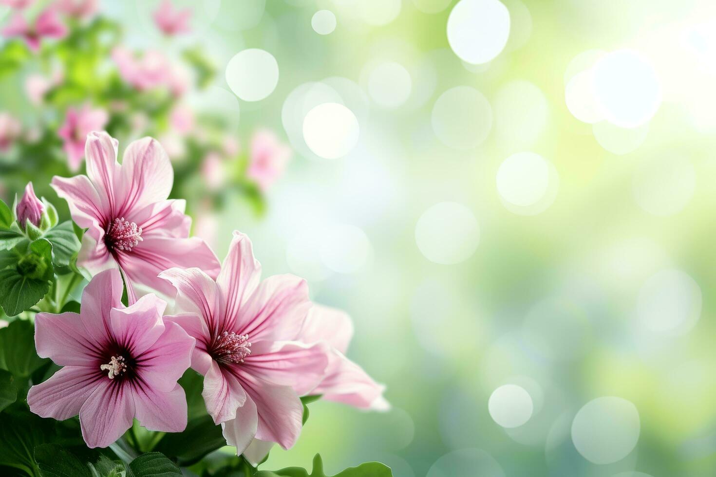 AI generated spring advertisment natural nackground with flowers, bokeh lights and copy space photo