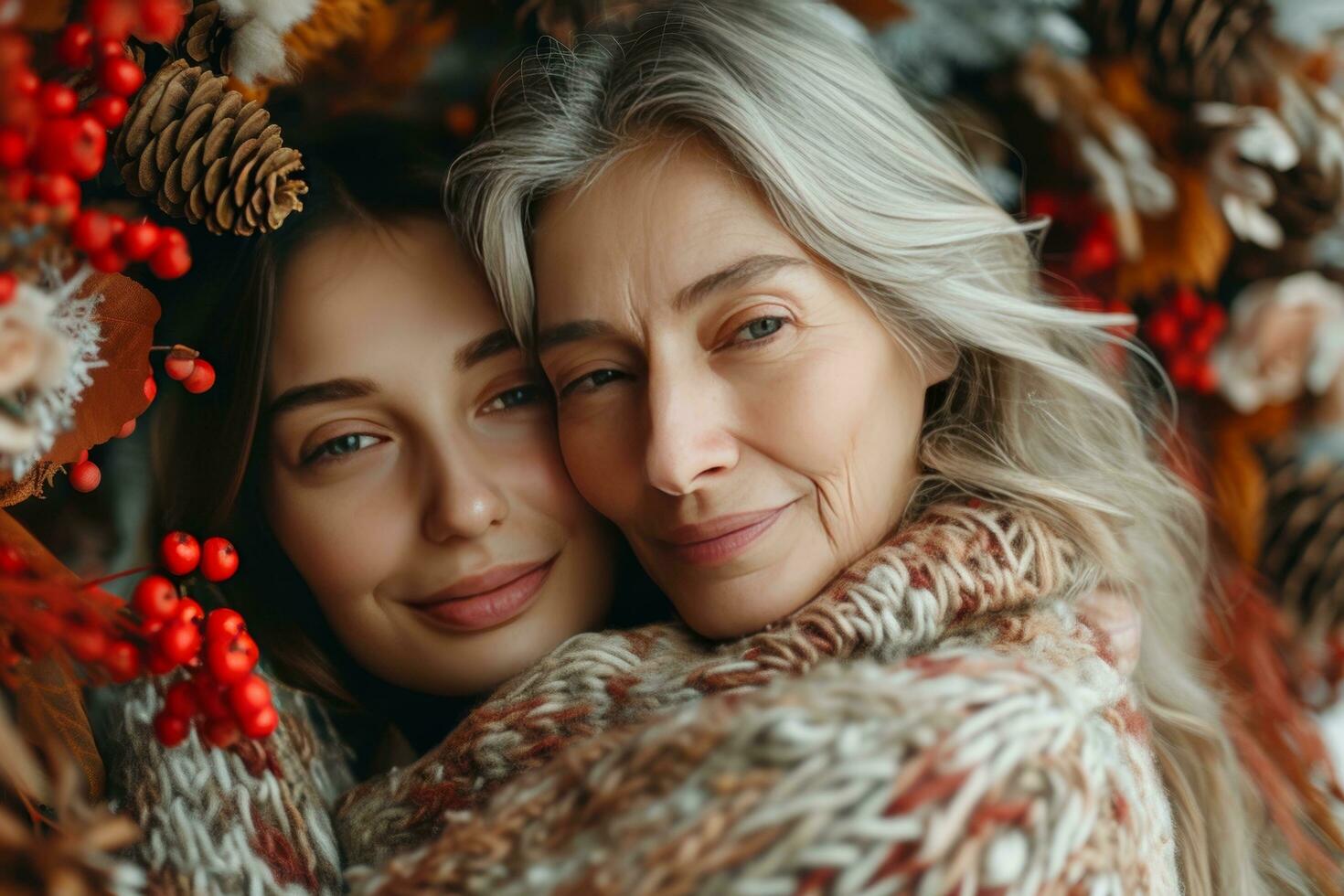 ai generado mas joven señoras abrazando más viejo mujer foto