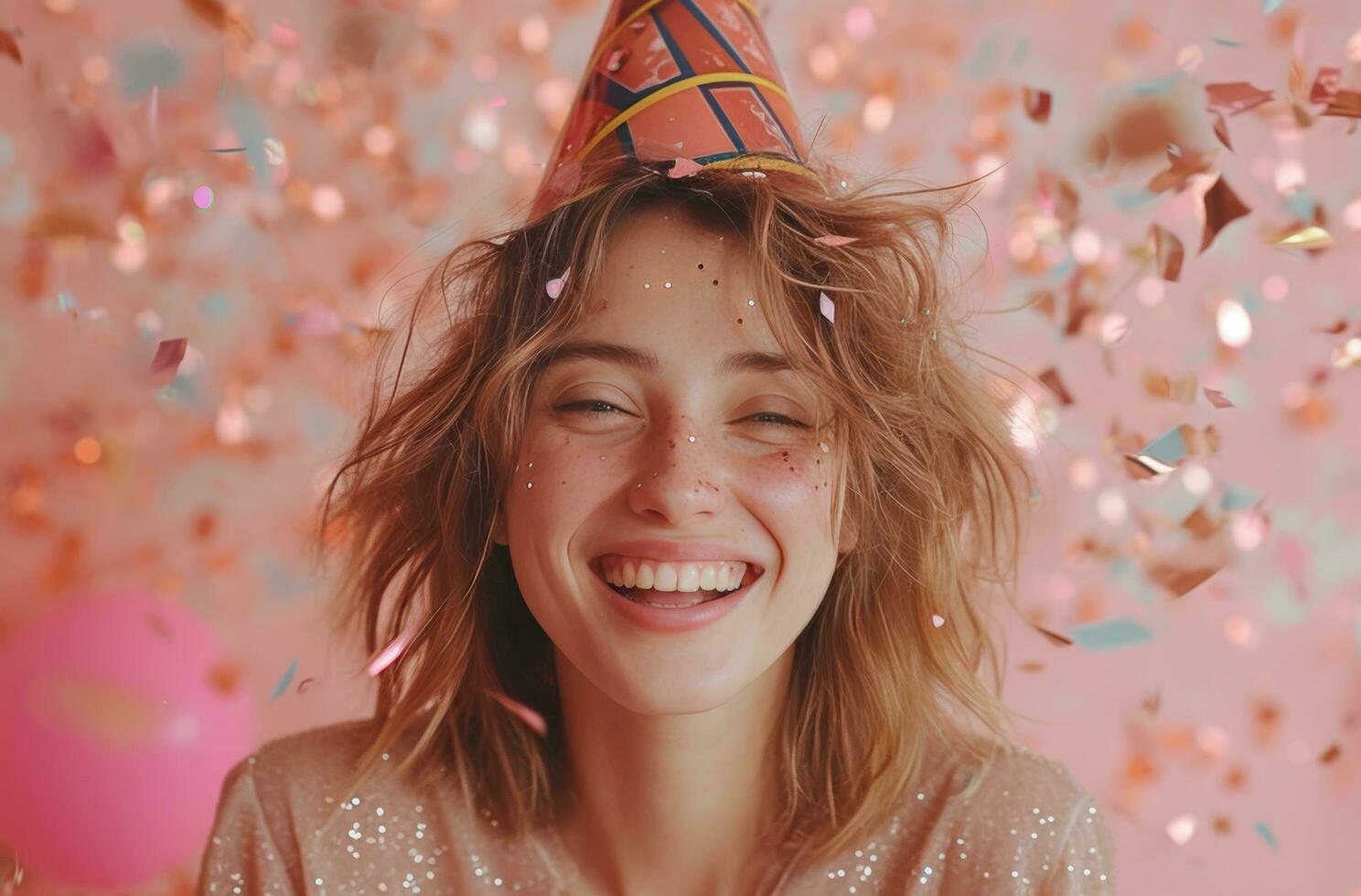 AI generated young beautiful woman on confettis in her birthday costume celebrate photo