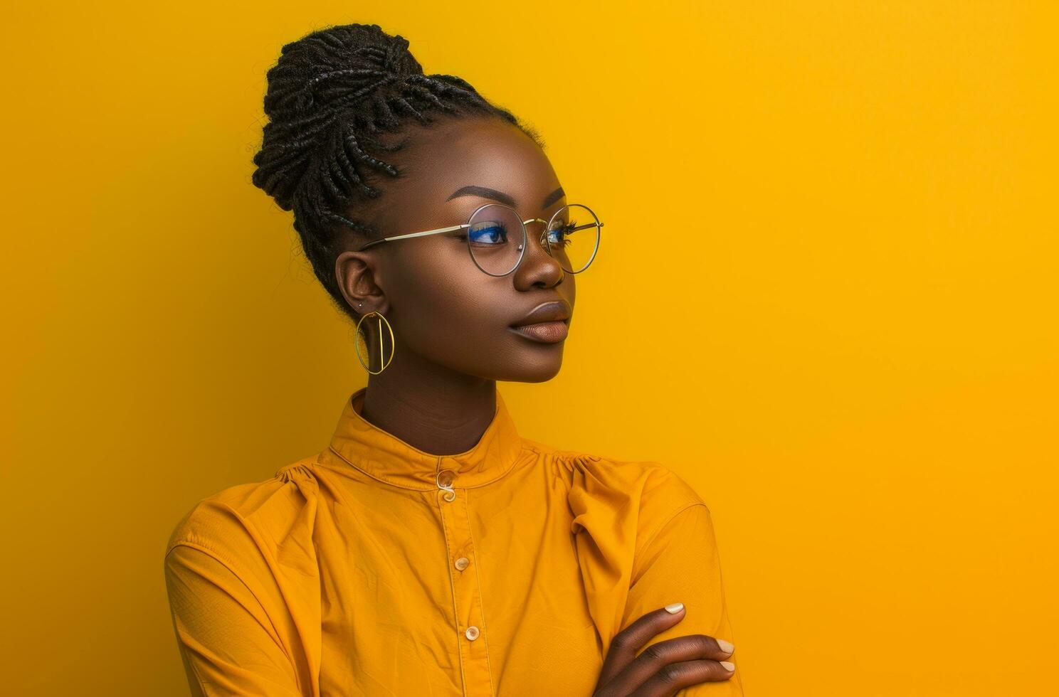 AI generated young black woman with arms crossed on a yellow background photo