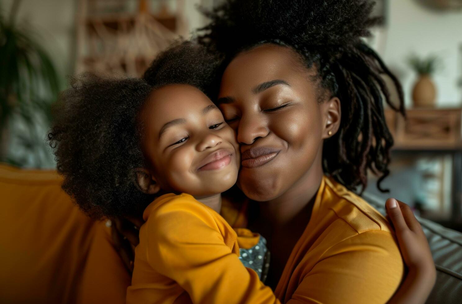 AI generated a black woman is kissing her daughter in front of the living room photo