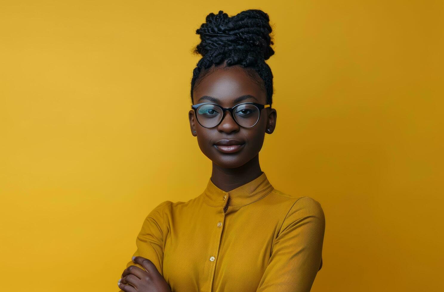 AI generated young black woman with arms crossed on a yellow background photo