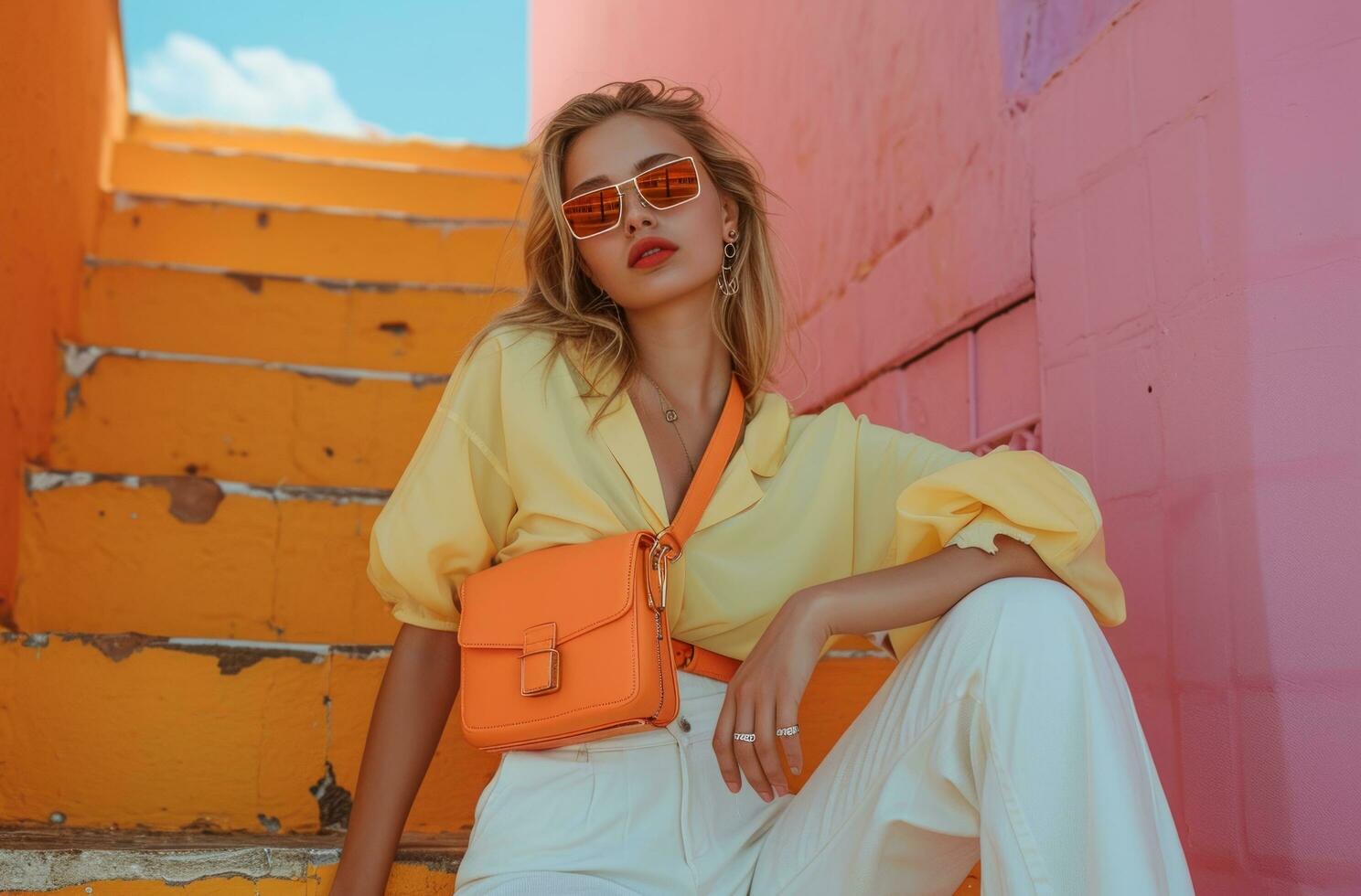 AI generated video of young lady sitting on a block and posing with an orange bag photo