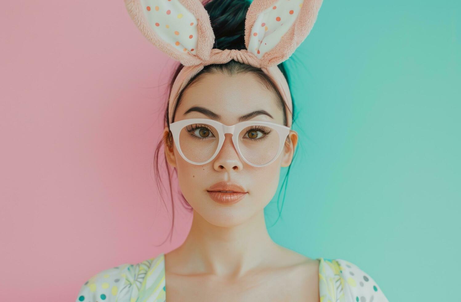 ai generado foto de mujer vistiendo Pascua de Resurrección Conejo venda con orejas y mirando mediante lentes
