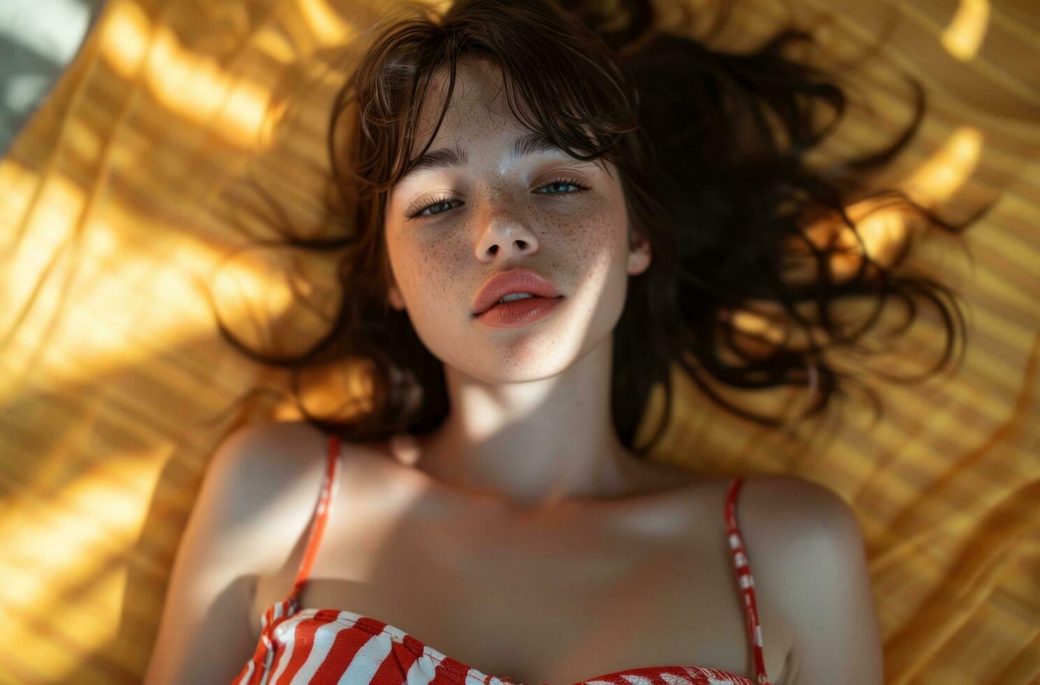 AI generated a beautiful woman wearing a red striped top photo