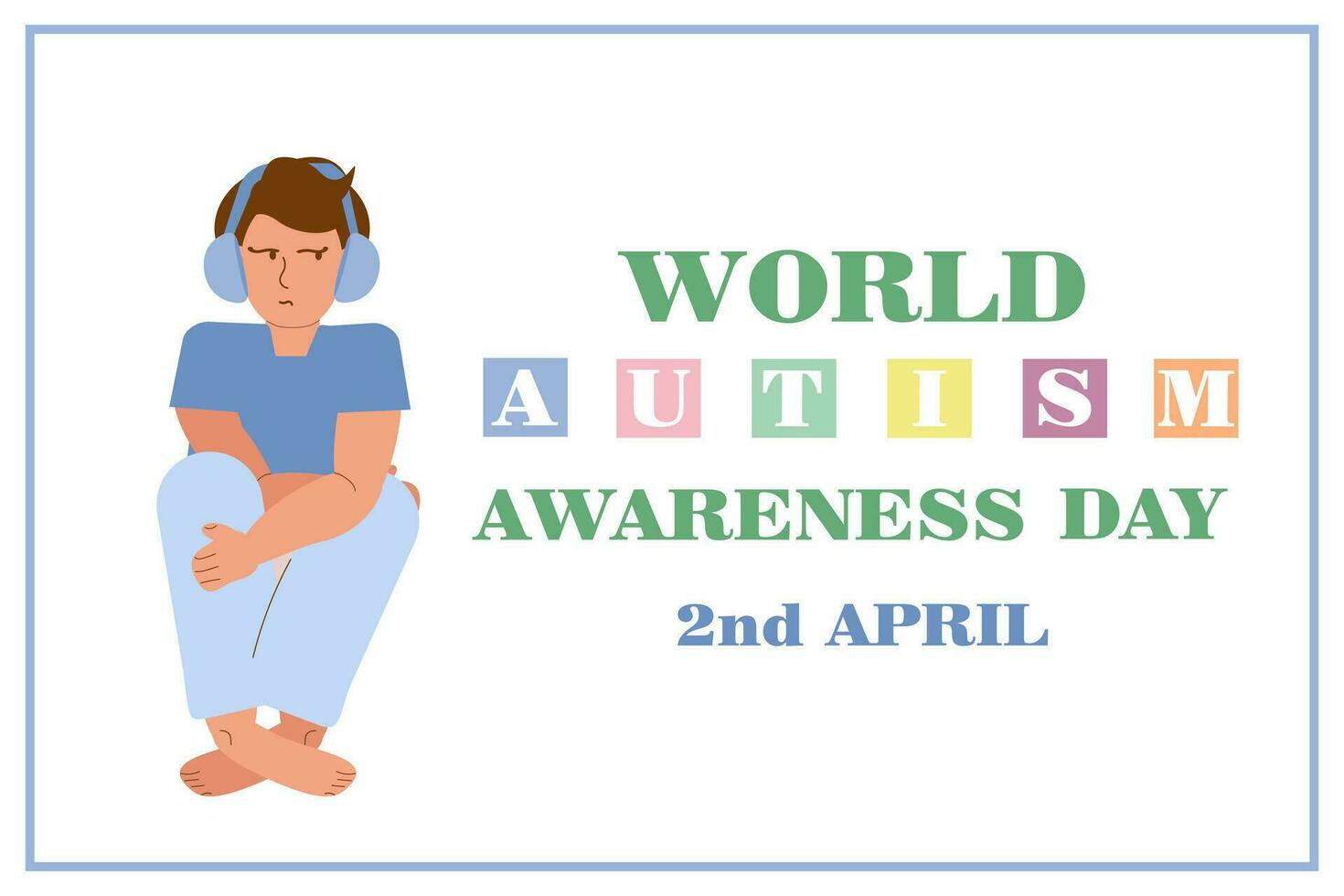 Sad lonely boy in blue clothes sitting with headphones and the inscription - World Autism Awareness Day, April 2. Horizontal banner, vector illustration.