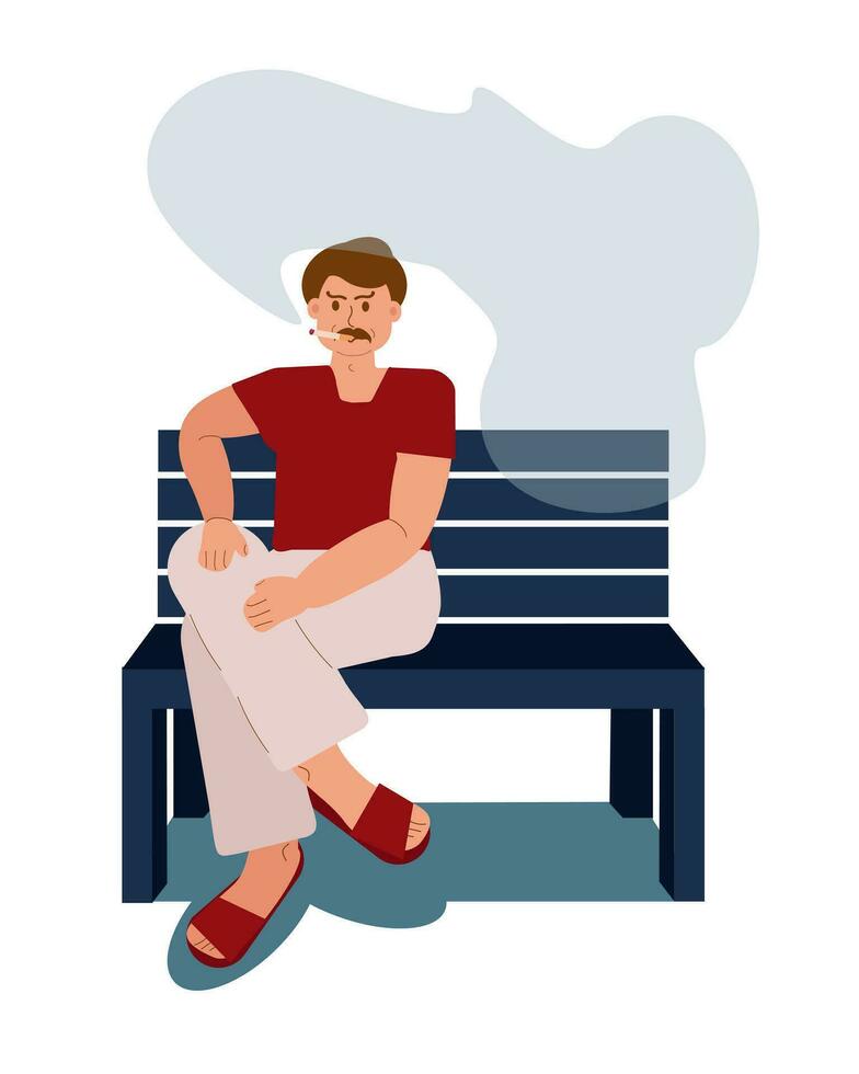 de edad mediana hombre de fumar en un banco. un hombre con un cigarrillo se sienta en un banco en un nube de fumar. daño de de fumar, malo hábito, daño a salud. vector ilustración