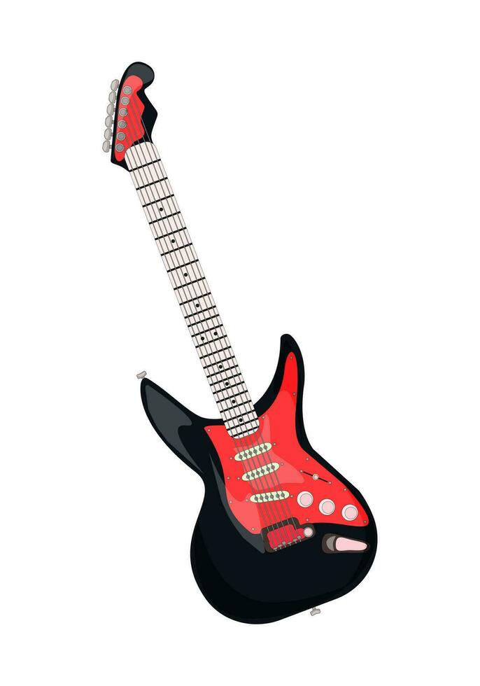 Black and red six-string electric guitar, musical instrument - vector illustration