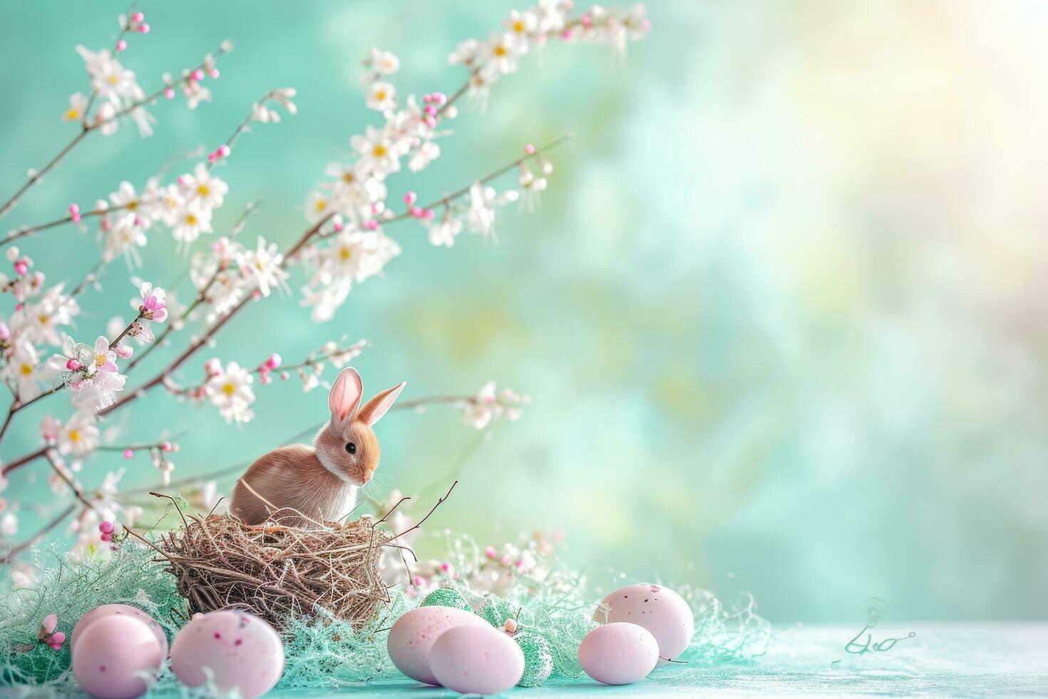 AI generated A charming Easter backdrop with delicate hues, perfect for showcasing festive promotions photo