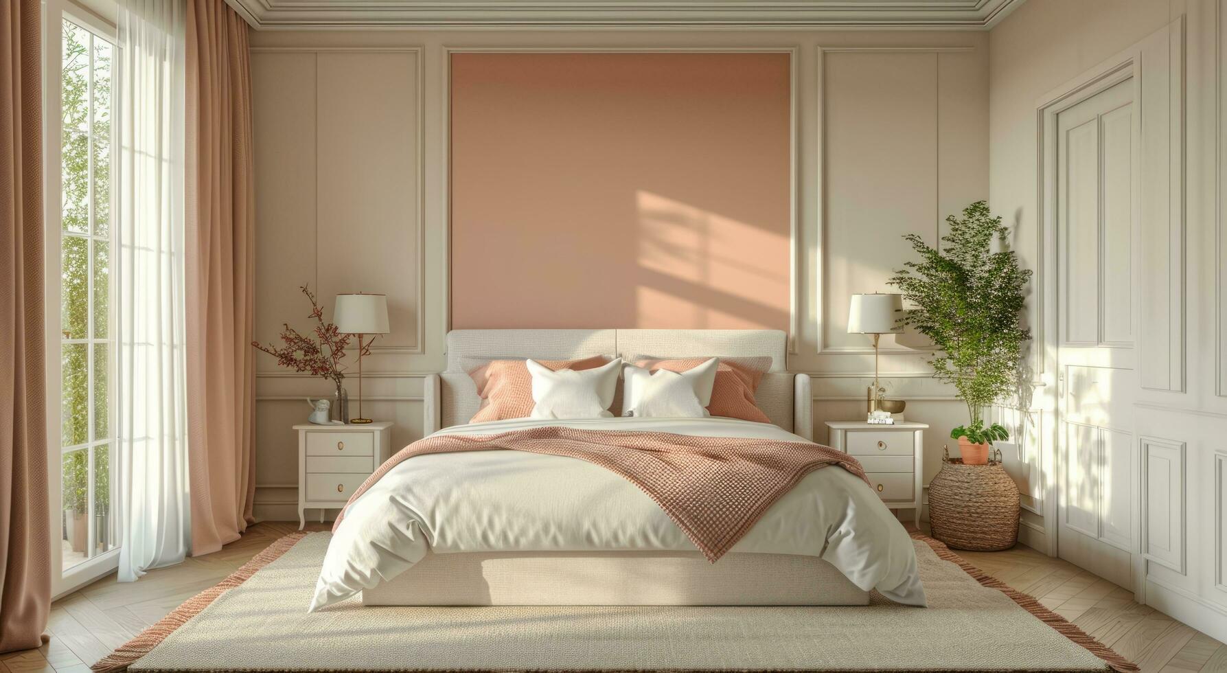 AI generated a bed in the bedroom with a soft and warm beige duvet and pillows photo