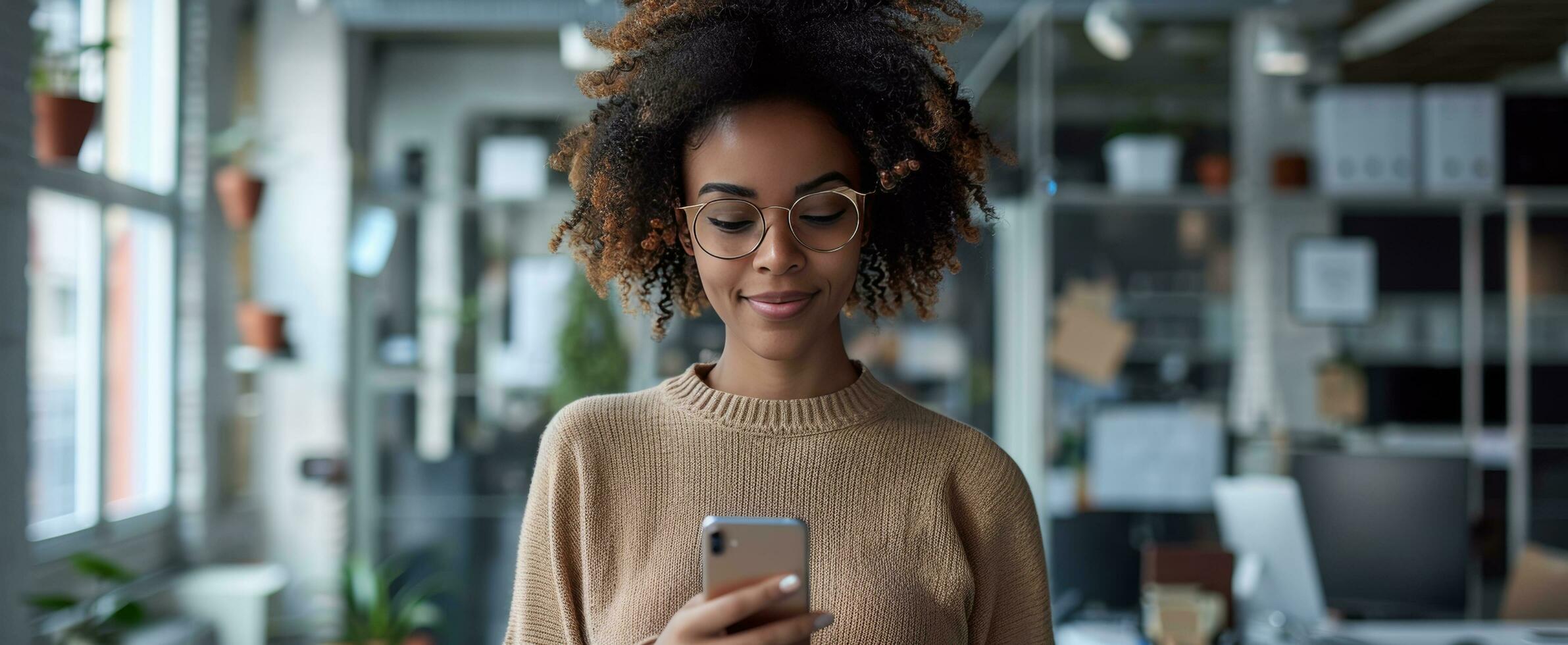 AI generated woman using cellphone in the city, standing photo