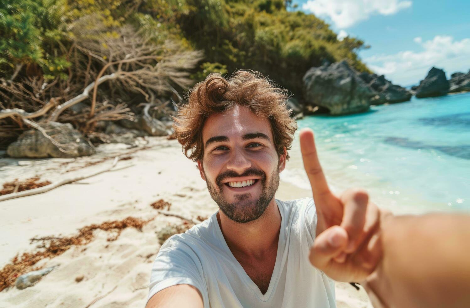 AI generated a man is taking a selfie while on a beach and making the peace sign photo