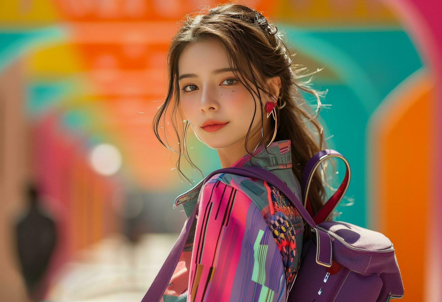 AI generated young woman in colorful garment holding a purple bag photo