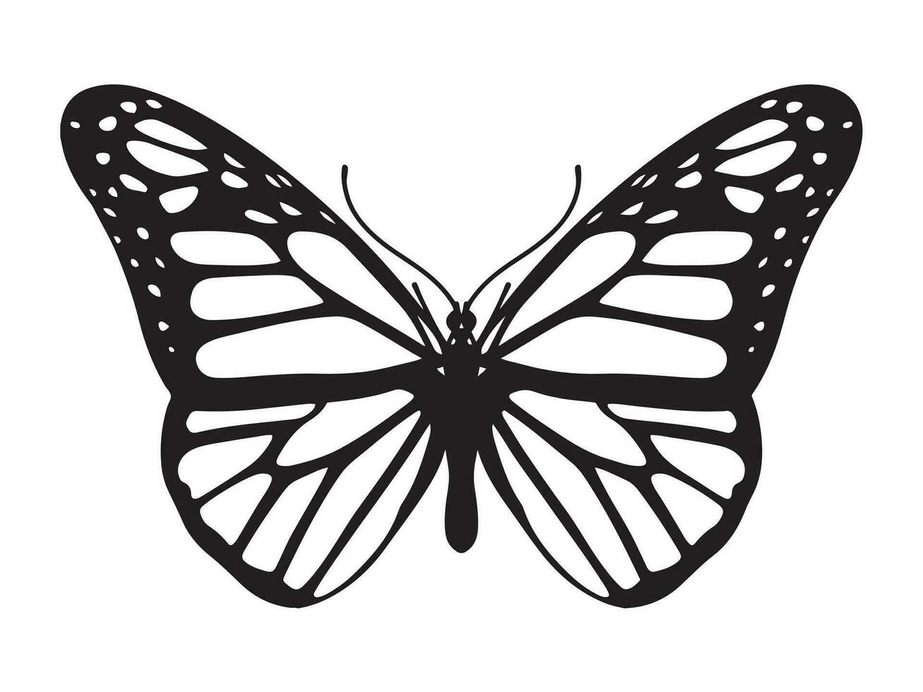 Butterfly icon, Black and White Butterfly with open wings on white background, Silhouette butterfly vector