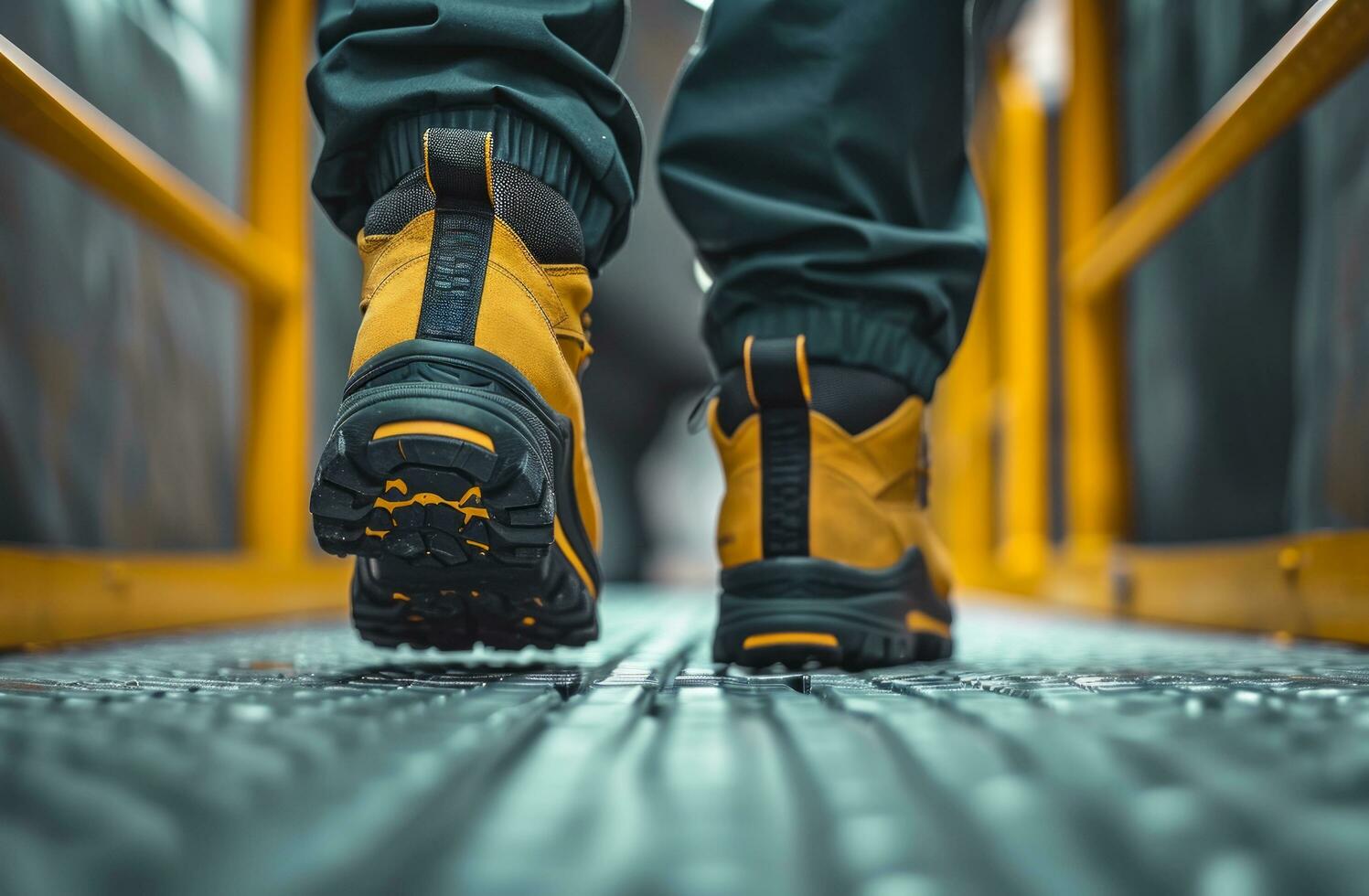 AI generated a pair of yellow and black safety shoes in use photo