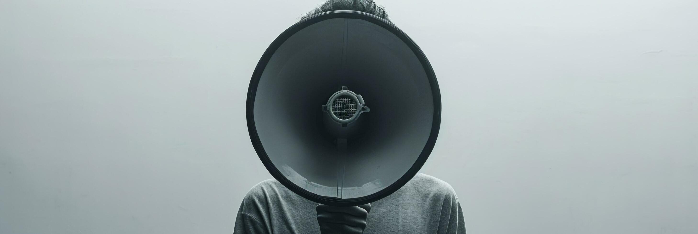 AI generated a man talking with a megaphone with his hands in front of it photo
