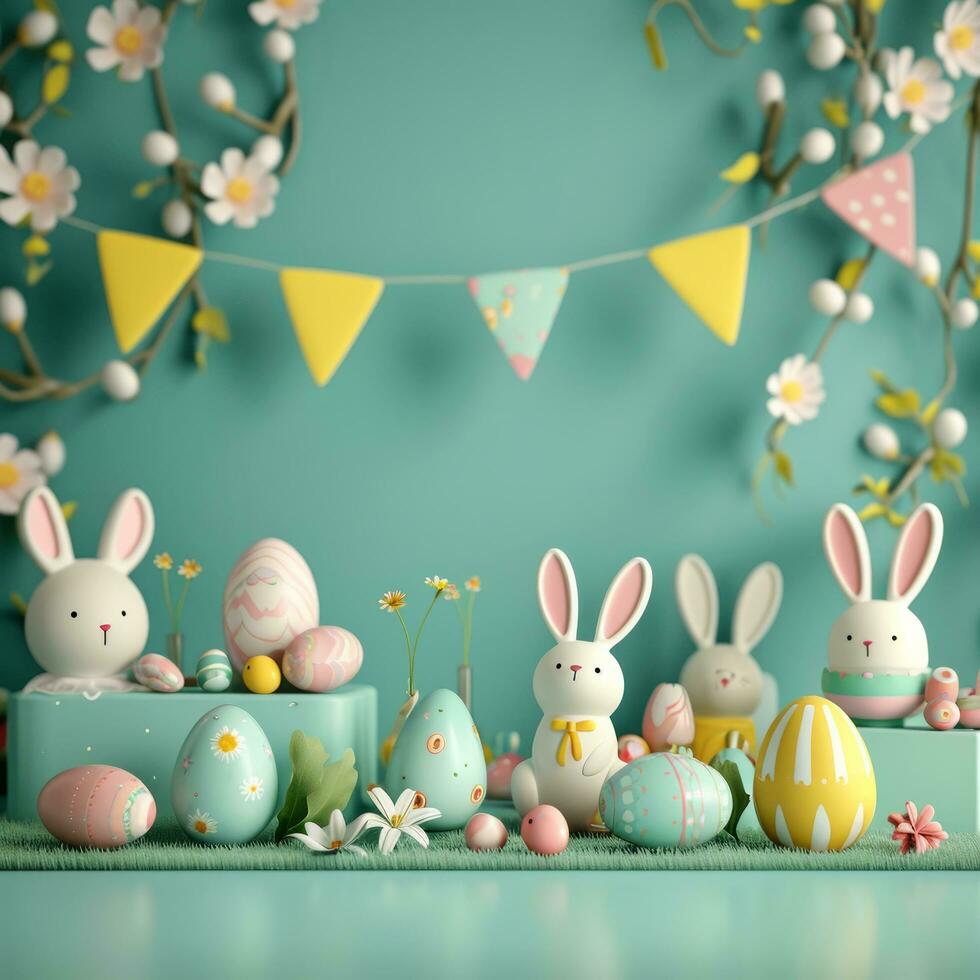 AI generated A composition of festive elements, from eggs to bunnies, offering a lively atmosphere for promotions photo