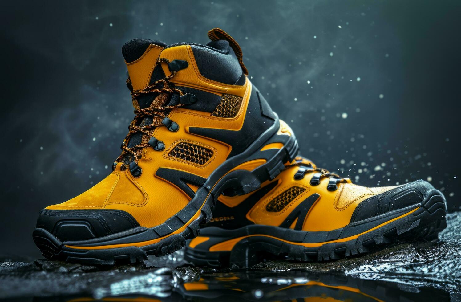 AI generated a pair of yellow and black work shoes on a dark background photo