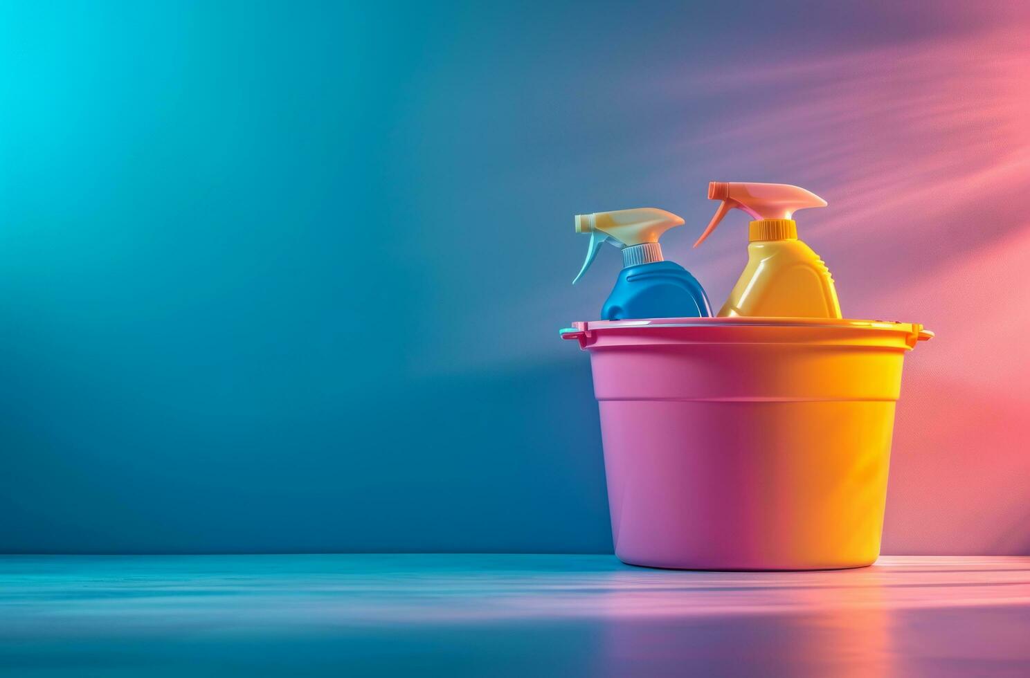 AI generated a bucket with cleaning products on the table photo