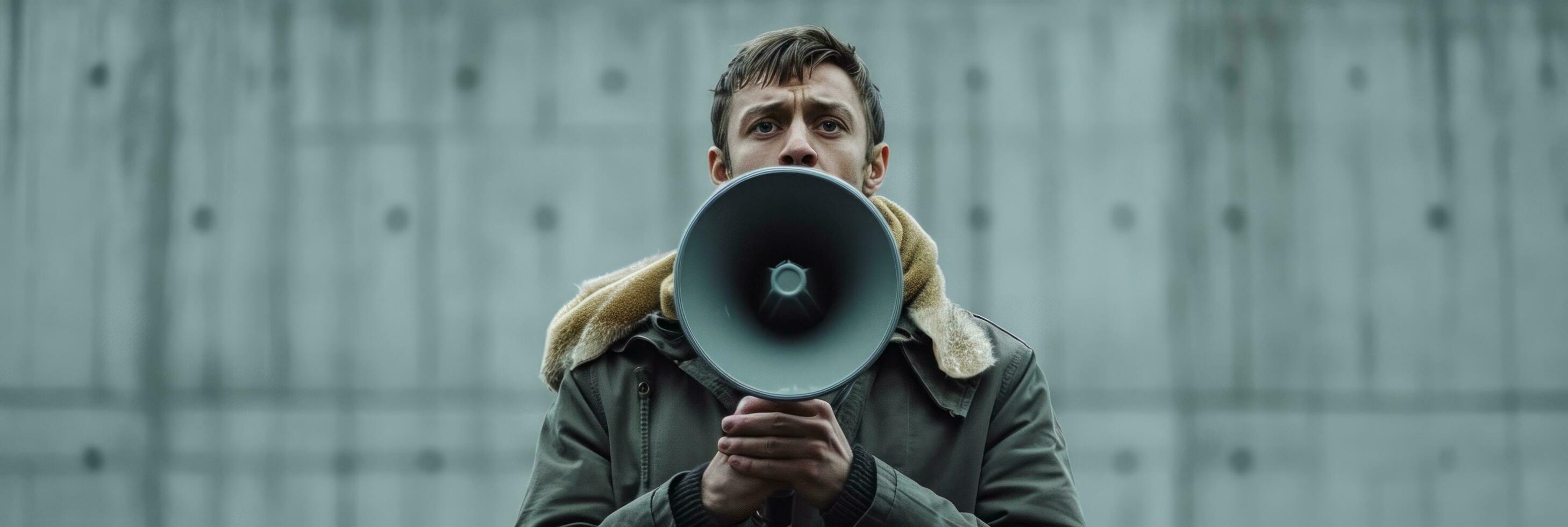 AI generated a man talking with a megaphone with his hands in front of it photo