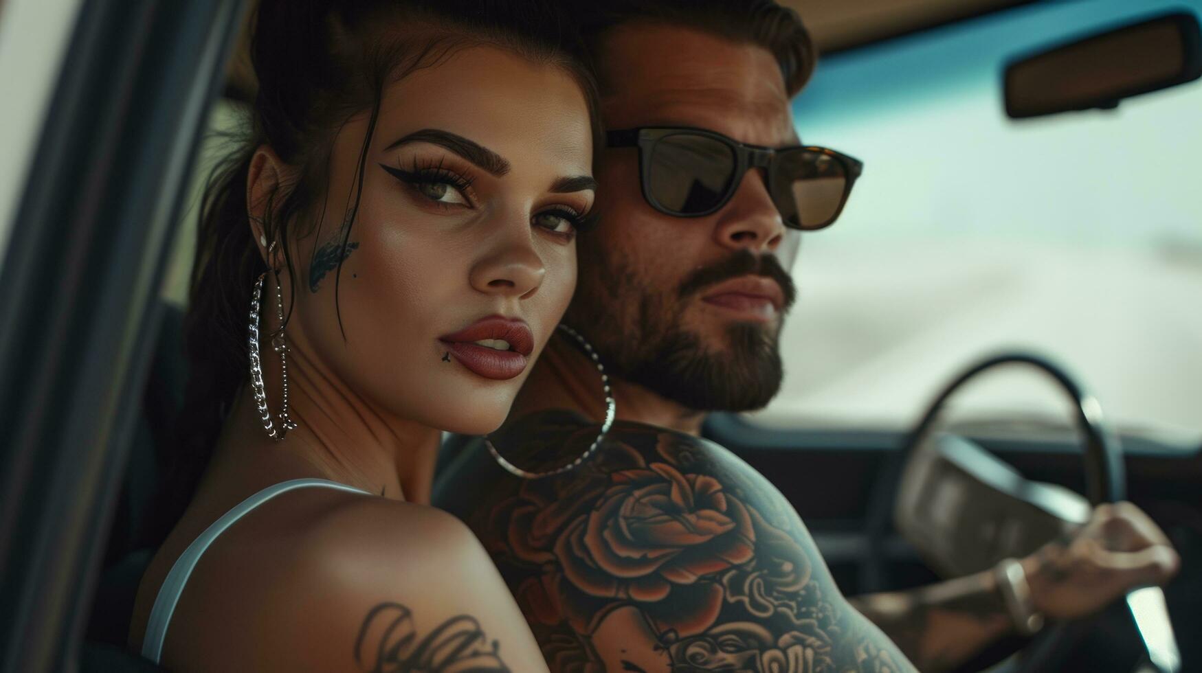 AI generated a man with tattoos is next to a woman in the car photo