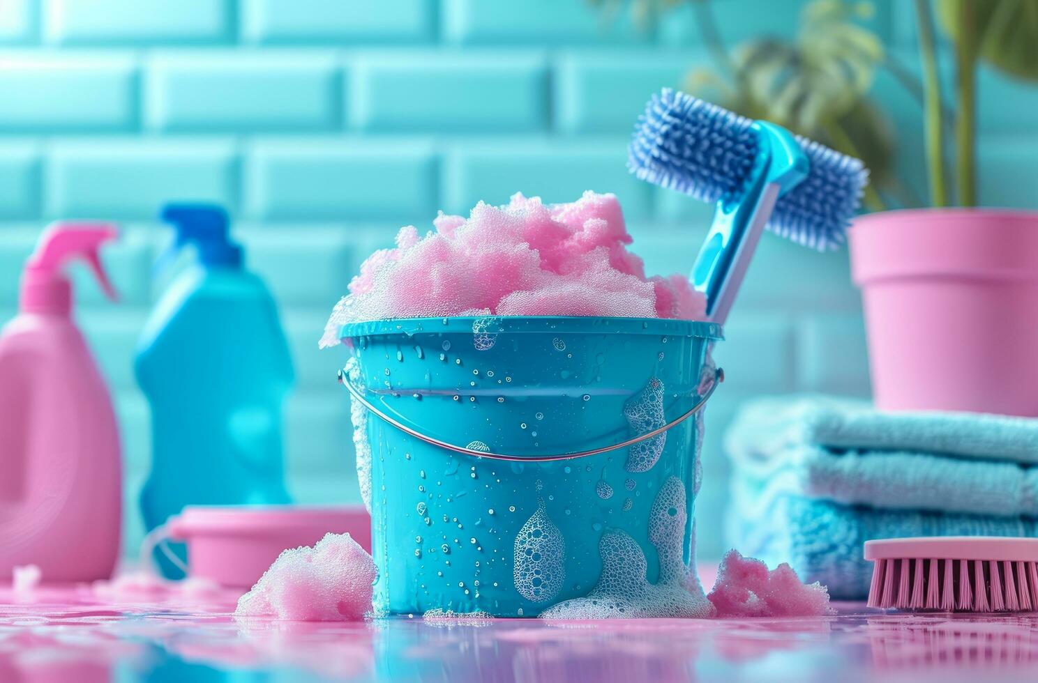 AI generated a bucket with cleaning products on the table photo
