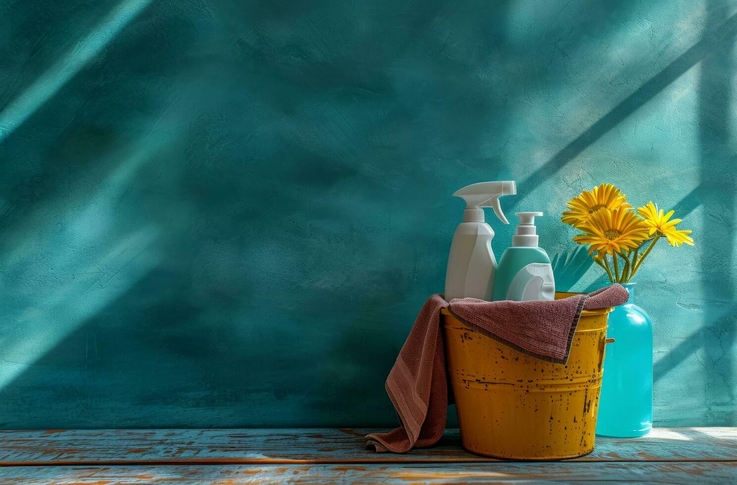 AI generated a bucket with cleaning products on the table photo